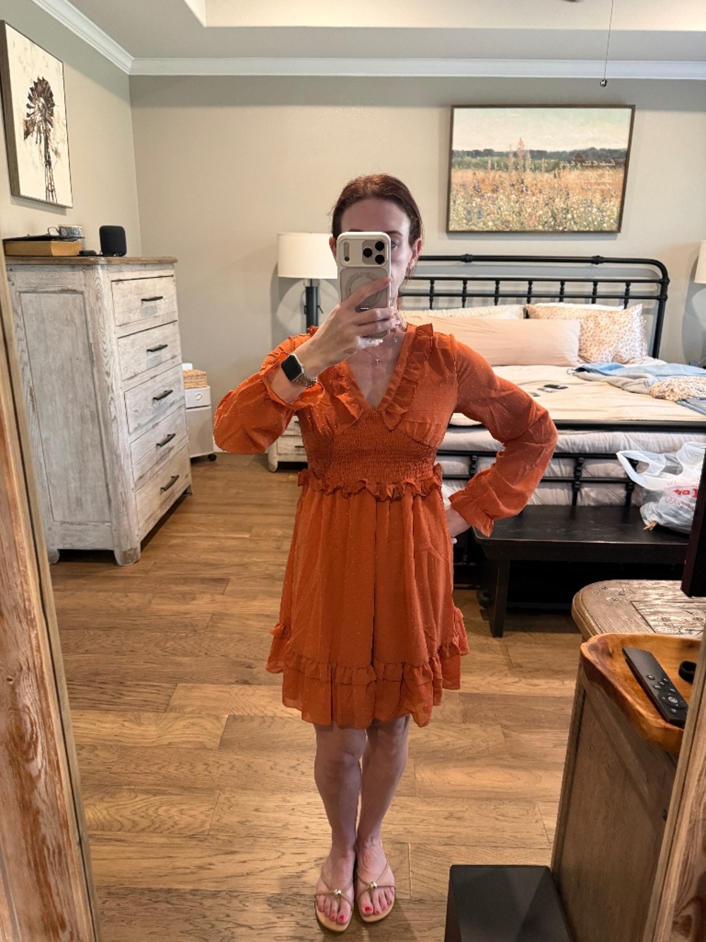 Rust orange ruffle mini dress long sleeve smoked waist/ boho romantic